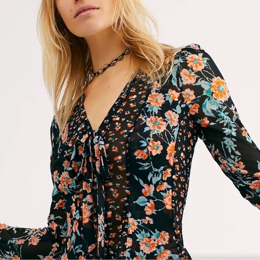 Free‎ People | Casablanca Blouse w. Front Ties Black Floral Festival Boho XS - Picture 2 of 11